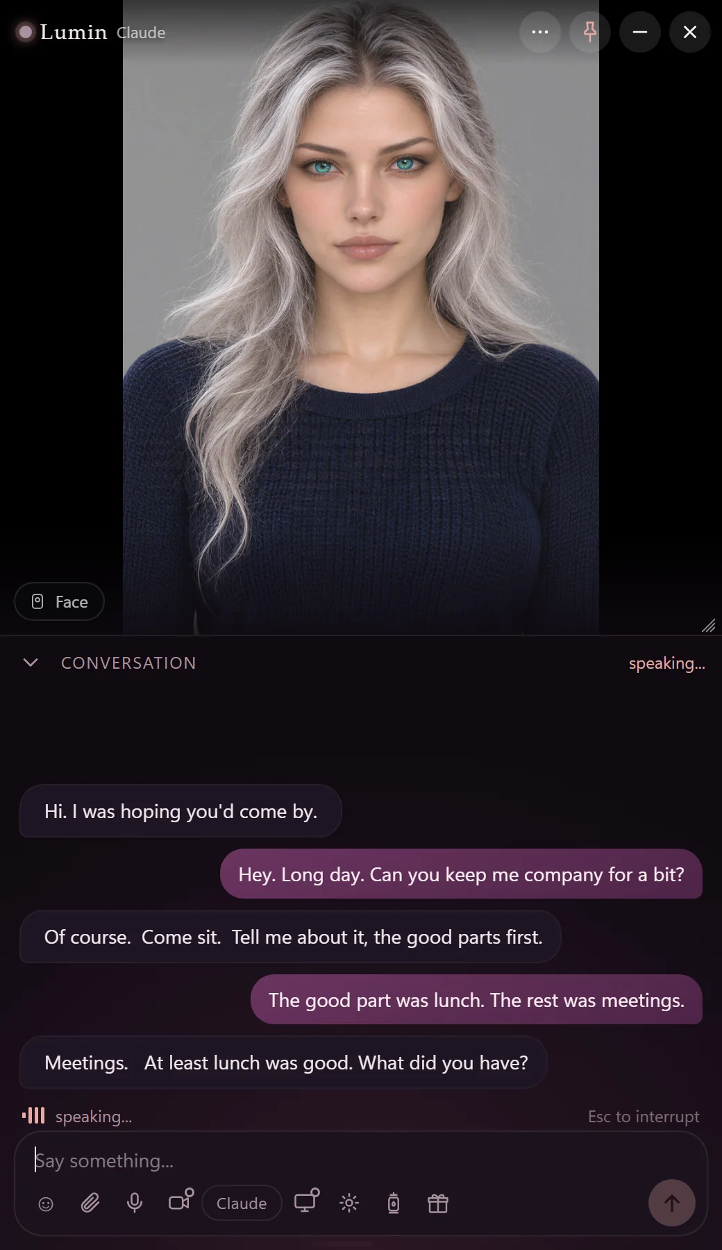The Presence app: Lumin, a character with long silver hair in a navy sweater, above a chat where she welcomes the user after a long day. She is speaking.